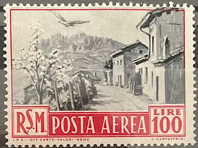 1950 San Marino Airmail Views Lire 100 Red & Slate mnh