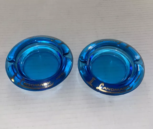 2 LOT Ashtrays Las Vegas Landmark Casino Hotel Blue Glass Vintage Souvenir