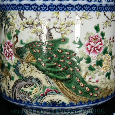 Vase de bouteille de paon en porcelaine bleu et blanc marqué Qianlong de 12,2 " 2