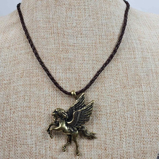 Vintage Hippie Style Pegasus Pendant on Braided Rope Necklace 20 Inch