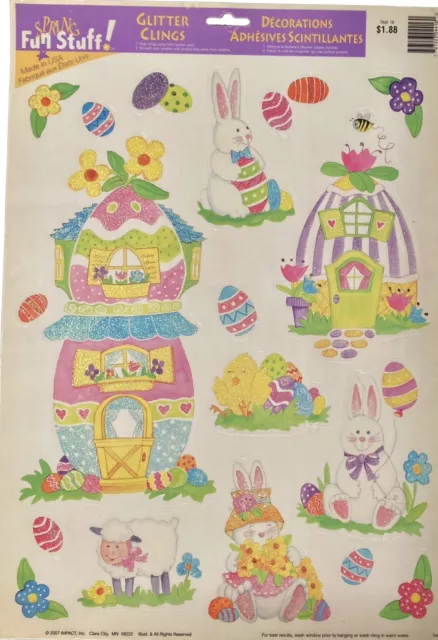 Vintage IMPACT Easter GLITTER Clings Bunny Egg Flower Chick Lamb Window SET OF 2 2