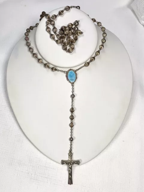 Vtg 925 SOLID Sterling Silver Rosary Beads Necklace Catholic Cross W/Miraculous