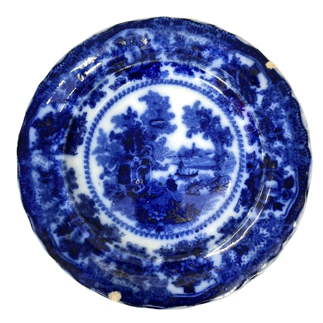 Antique Dark Flow Blue 9” Plate FAIRY VILLAS Leone China by W Adams & Co