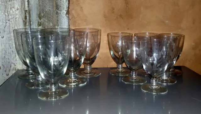 6 + 6 verres en cristal gravé décor floral C.1920 Baccarat Saint Louis aperitif