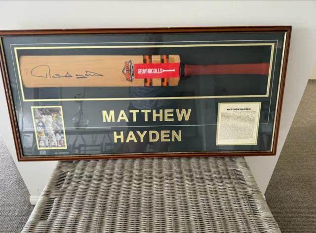 Framed Matthew Hayden Signed Commemorative Bat, Photo & Inscription