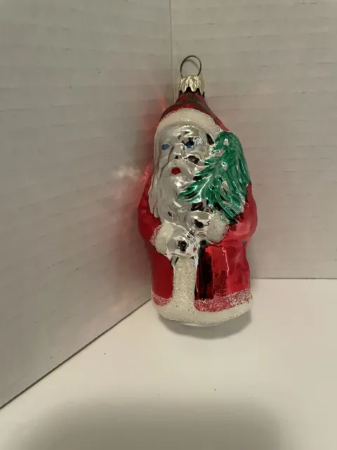 Vintage West Germany Blown Glass Santa Claus Silver Cap Holding Tree Ornaments