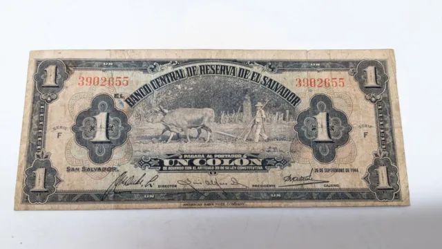 RARE 1944 1 Colon El Salvador Banknote VINTAGE ORIGINAL