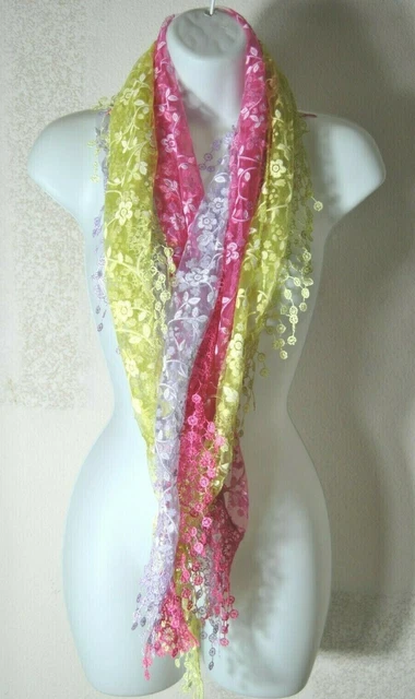 Women's Lace Triangle Tasseled Scarf Lot Of 3 Lt. Green - Pink - Lavender Sheer