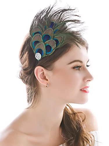 Peacock Feather Headband Green 1920s Flapper Headpiece Rhinestones Costume