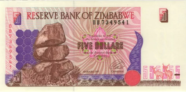 Zimbabwe P.005a 5 Dollars 1997 helle Rückseite (1)