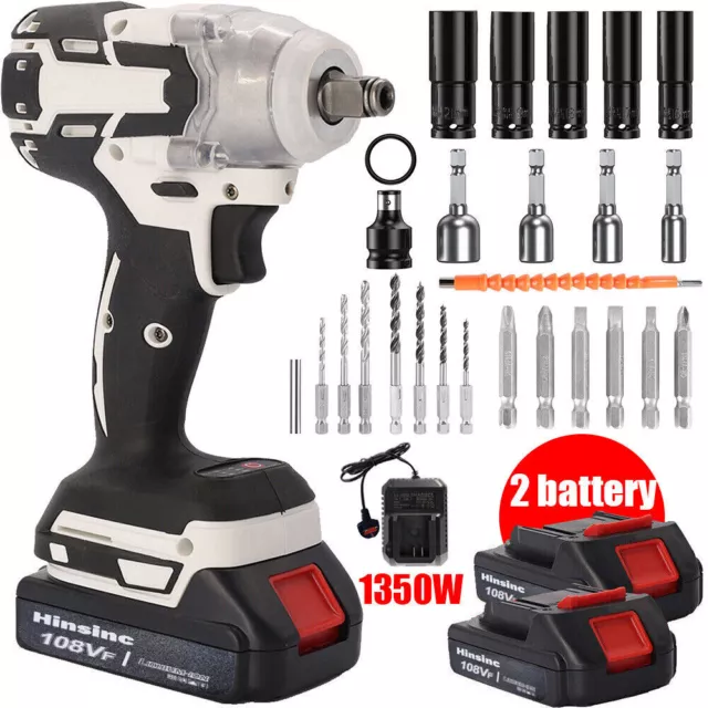 1000Nm 1/2" Cordless Electric Impact Wrench Drill Gun Ratchet Driver + 2 Battery