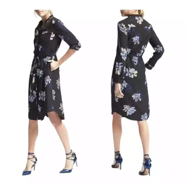 Banana Republic Women's Floral Shirt Dress Black Long Sleeve Tie Waist Pockets S