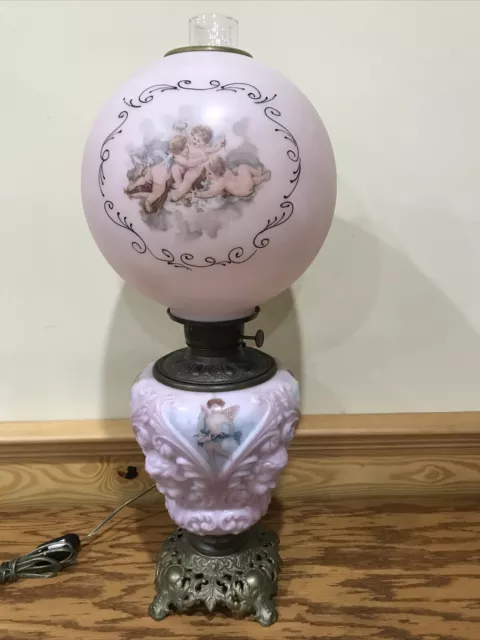 GWTW Puffy Pink Putti Cherub Angel Face Hand Painted Banquet Parlor Table Lamp