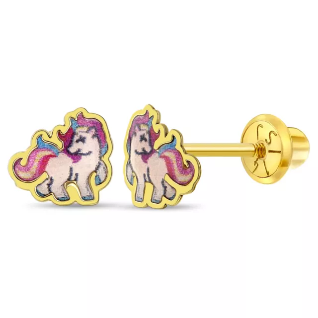 14k Oro Amarillo Colorido Arcoiris Esmalte Unicornio de Rosca Earrings para Niña