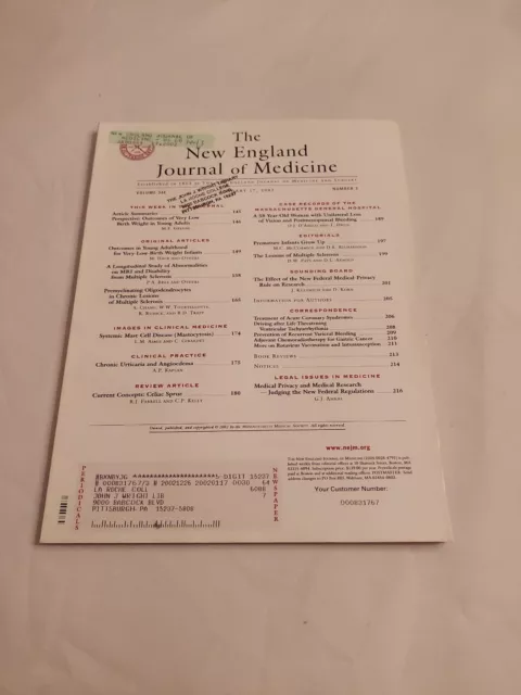 2002 Janvier 17, Neuf Angleterre Journal De Medicine, Prématuré Enfant (MH724)