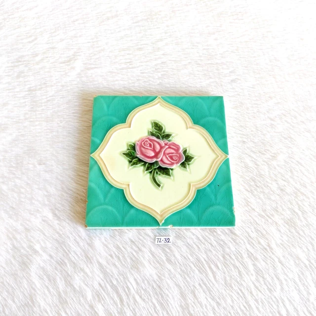 1930s Vintage Rare Floral Embossed Green Shaded Architecture Furniture Tile TL32