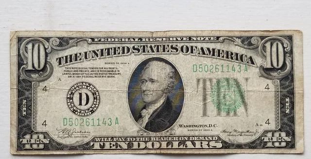 1934-A $10 Dollar Federal Reserve Note Green Seal "D" Cleveland, Ohio Bill