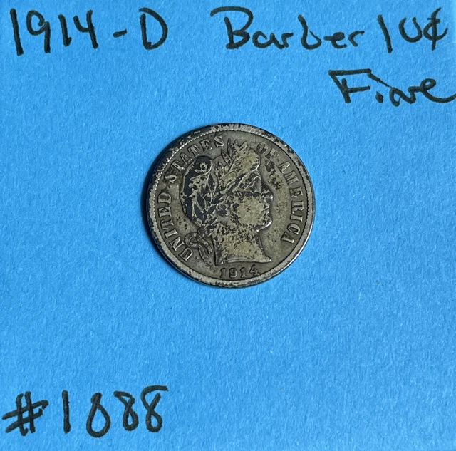 1914 D Barber Dime  Fine 90% Silver 10c US Type Coin Collectible
