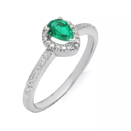 14K White Gold Solitaire Pear Cut Emerald Diamond Halo Cocktail Engagement Ring