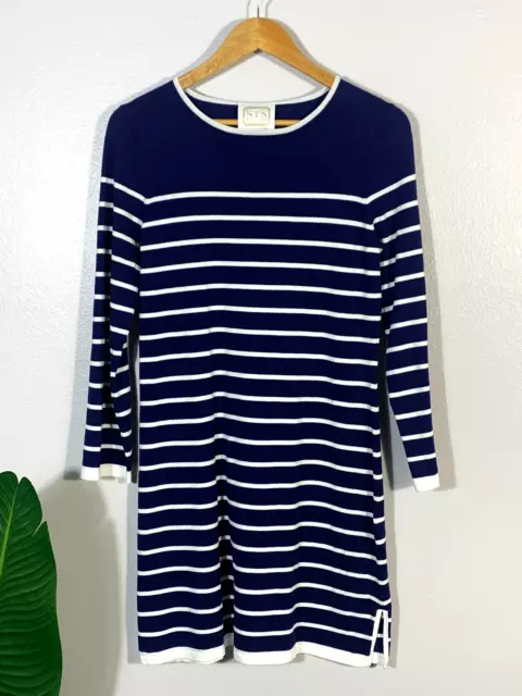 STS Sail to Sable Sz S Long Sleeve Knit Dress Navy White Stripe Nautical Cotton