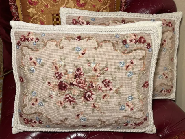 Simply Shabby Chic Floral Wool Needlepoint Velvet Pillow with Feather Insert