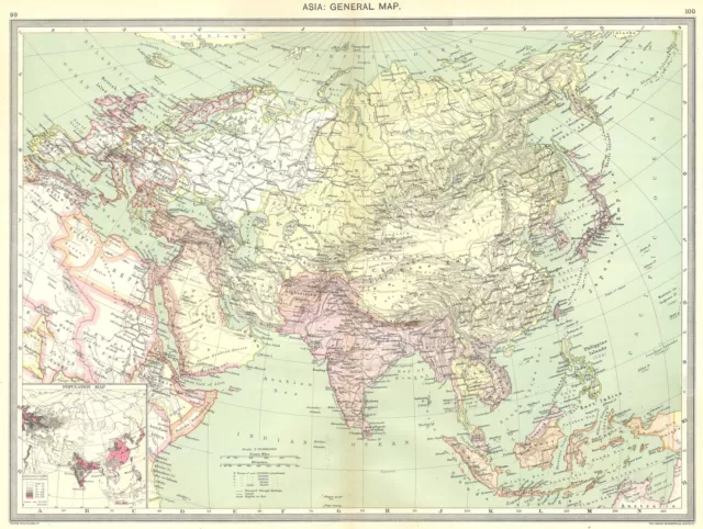ASIA. Asia. General Map; Inset map of Population map 1907 old antique