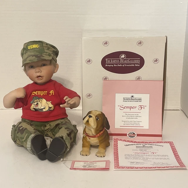 Ashton Drake Usmc Boy Doll Porcelain Titus Tomescu Semper Fi Doll with Dog Box
