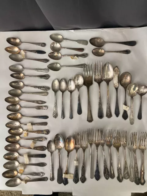 Mixed Lot of 49 Pieces Antique Silver Nickel Forks Knives Spoons EARLY 1900's