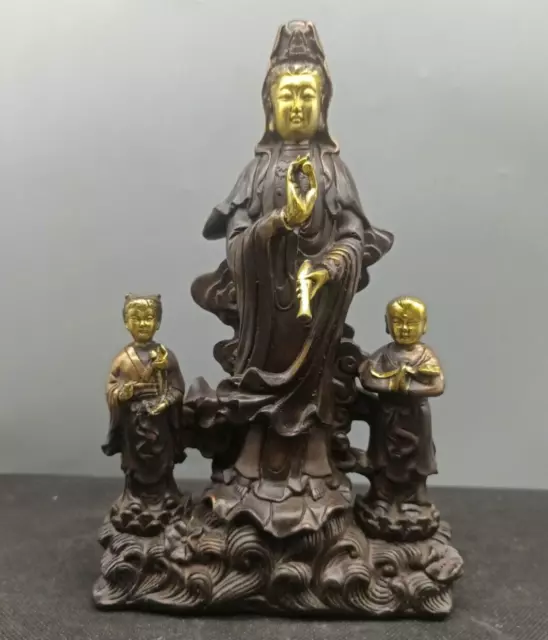 8.2"Old Chinese Buddhism Bronze Gilt Lotus Guanyin Kwan-Yin Buddha Tongzi Statue