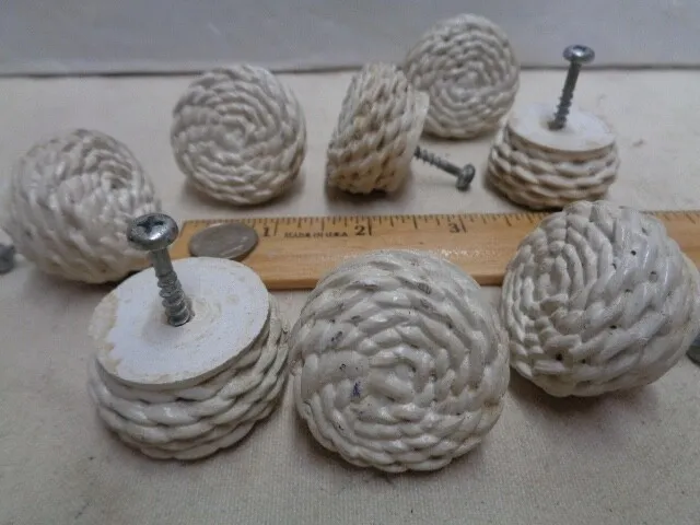 (8) wooden Rattan style  vintage drawer pulls knobs WHITE shabby chic cottage