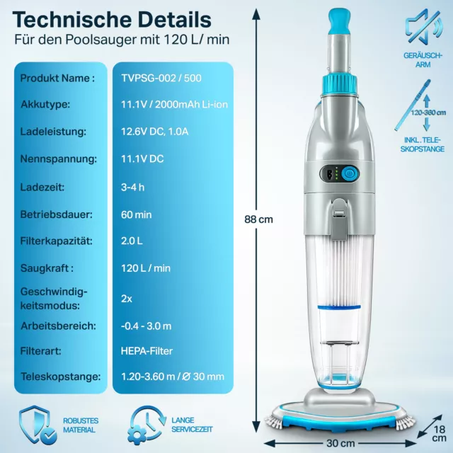 tillvex Poolsauger Handsauger Bodensauger Reinigungsset Akku Poolreiniger Vakuum 3