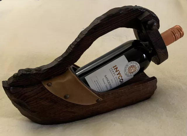 Vintage French Hand Carved Clog Shape Wood & Leather Wine Bottle Holder Pourer