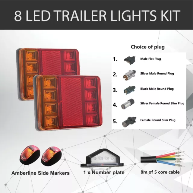 2 x 8 LED TRAILER LIGHTS KIT, Trailer Plug, CABLE, Side Marker, No. Plate Light