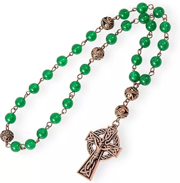 Green Jade Stone Beads Rosary Metal Beaded Prayer Rosary Celtic Cross Crucifix