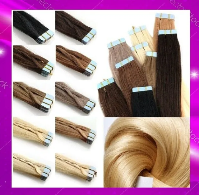 10-20-30-40 Extensions Tape Bandes Adhesives Cheveux Naturels Remy Hair 49-60Cm