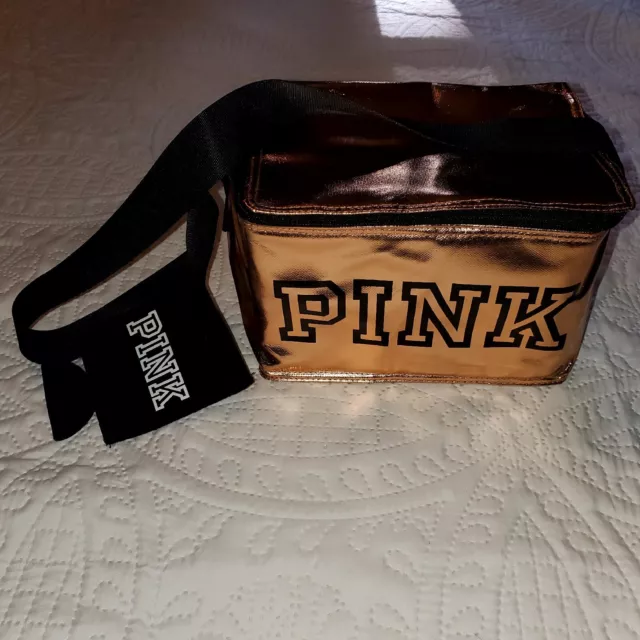 Victoria's Secret Pink Zip-up Cooler Lunch Box Bag Rose Gold with Black  Koozie