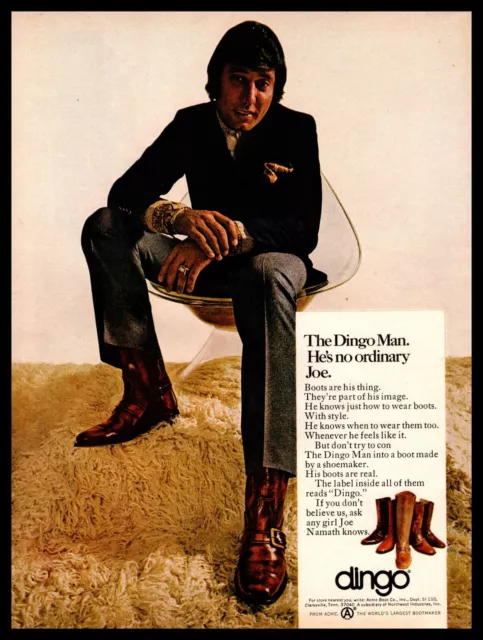 1970 Joe Namath Jets QB "Dingo Man" No Ordinary Joe Acme Boots Vintage Print Ad