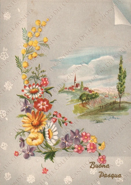 1961 Buona Pasqua artista ELENA panorama paesino fiori Cartolina augurale
