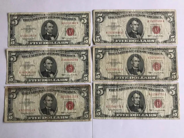 SIX 1963 Well Circulated $5 Silver Certificate Bill Note with Red Seal