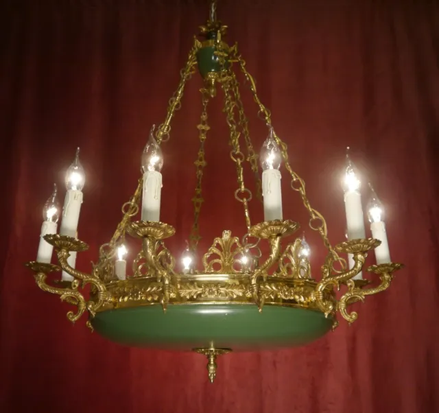 Fine Green Varnish Large Chandelier French Empire Ceiling Lamp 12 Light Ø 31"