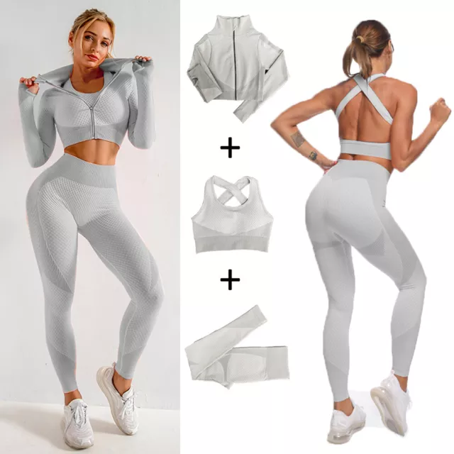Set yoga donna maniche lunghe cerniera top reggiseno sportivo palestra tuta fitness grigio 3 pz