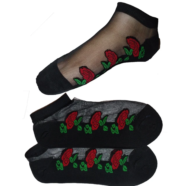 Ladies Rose Black Socks Cute Transparent Crystal Silk Lace Elastic Short Wear 3