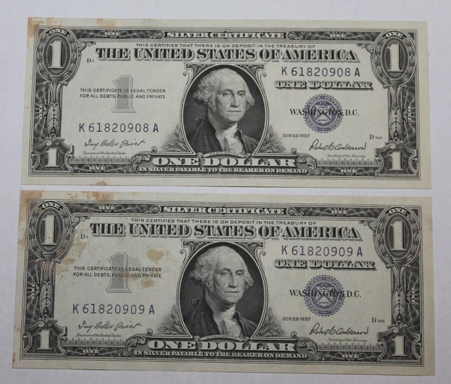 X 2 Consecutively Serial Numbered 1957 One Dollar Blue Seal Silver Cert Notes