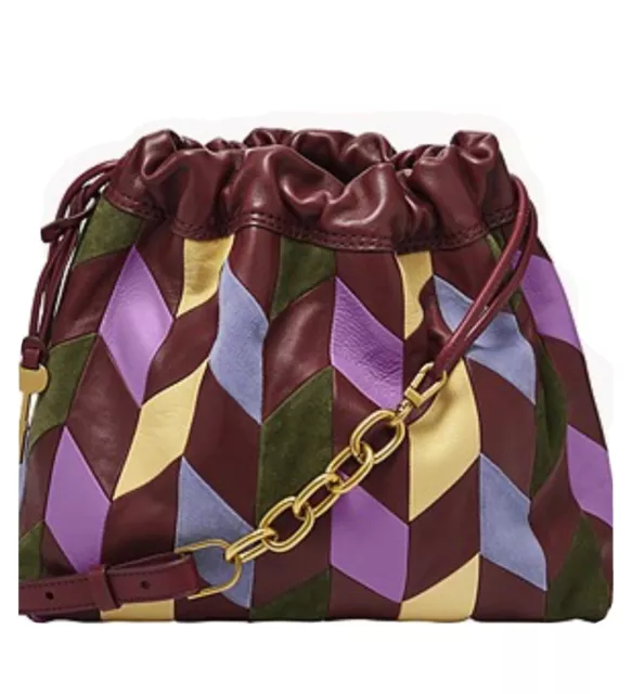 FOSSIL Womens Gigi Drawstring Shoulder Bag Purse Leather Suede Patchwork