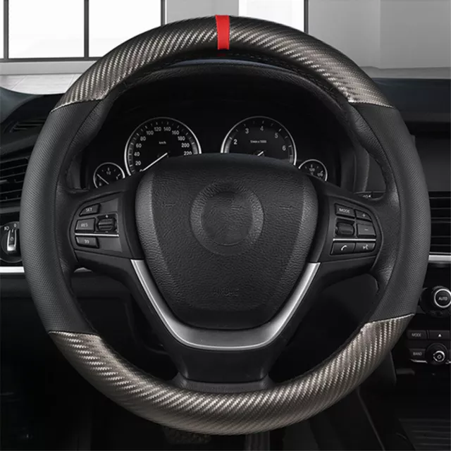 Leather Car Steering Wheel Cover Breathable Anti slip Auto Protection 15'' Black