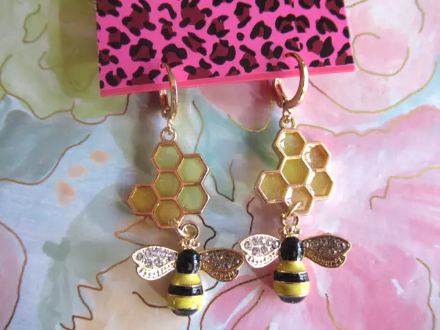 Betsey Johnson Honeycomb Rhinestone Crystal Enamel Bee Drop Earrings Nwt