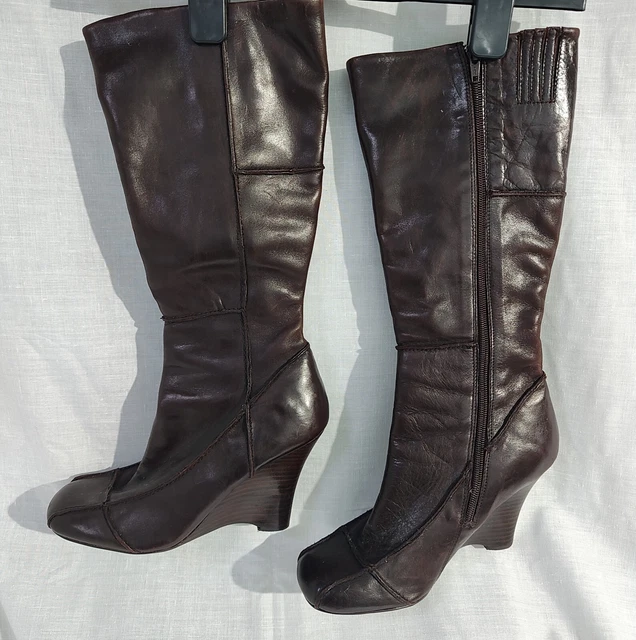 ADO RICH BROWN faux leather high wedge heel knee high boots size 5 NEW