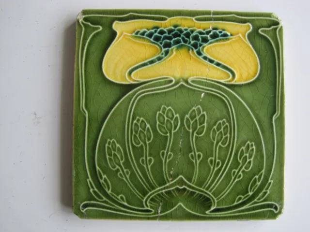 Antique 6" Moulded & Majolica Glazed Art Nouveau Tile -  Marsden Tile  C1906/08