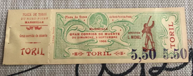 Ancien Billet Ticket Corrida 1906 Plaza De Toros Marseille