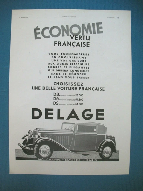 Publicite De Presse Delage Automobile Economie Vertu Francaise French Ad 1932